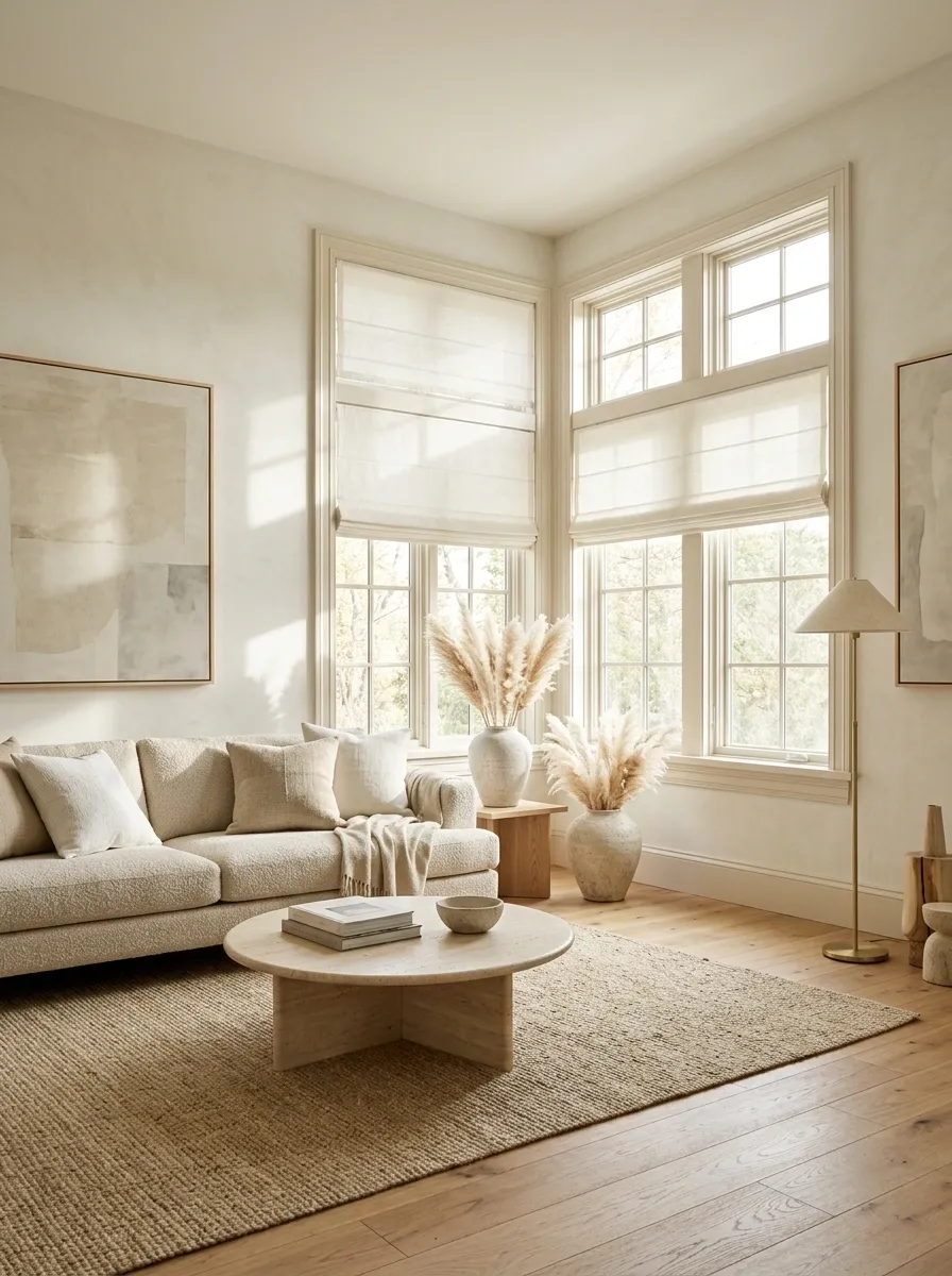 Warm Neutral Living Room With Tailored Roman Shades