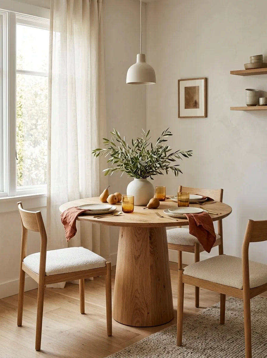 Warm Neutral Thanksgiving Dining Nook With a Round Pedestal Table