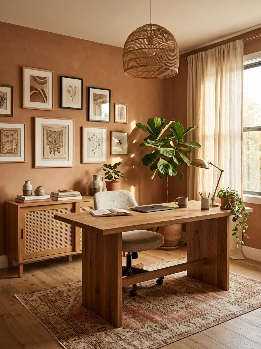 Warm Oak and Terracotta Boho Office