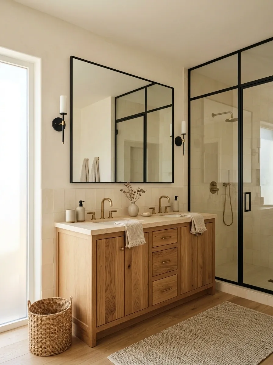 Warm Oak Bathroom With Creamy Tile and Slim Black-Framed Glass