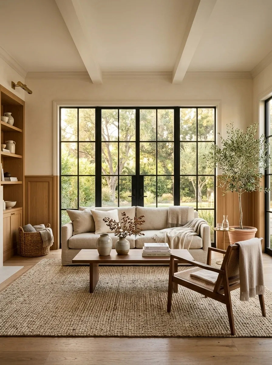 Warm Oak Beadboard With Cream Walls and Black Architectural Details