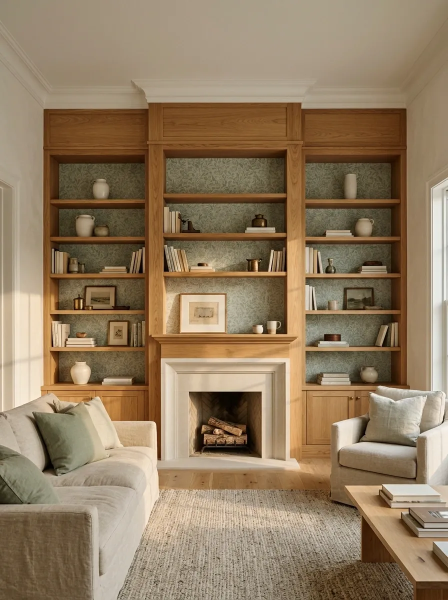 Warm Oak Built-In With Soft Botanical Wallpaper and Cream Ceramics