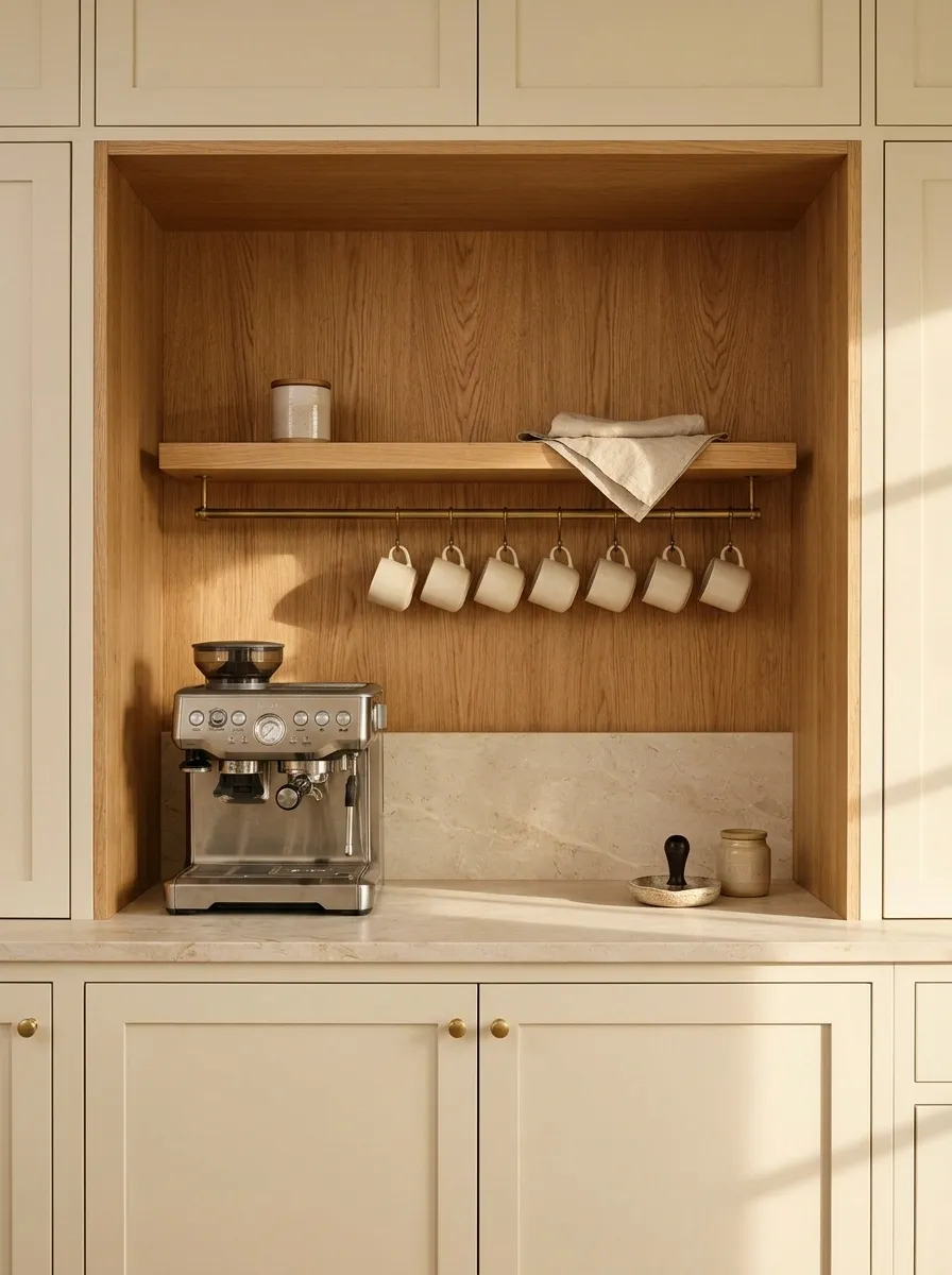 Warm Oak Coffee Nook With a Full-Width Mug Rail
