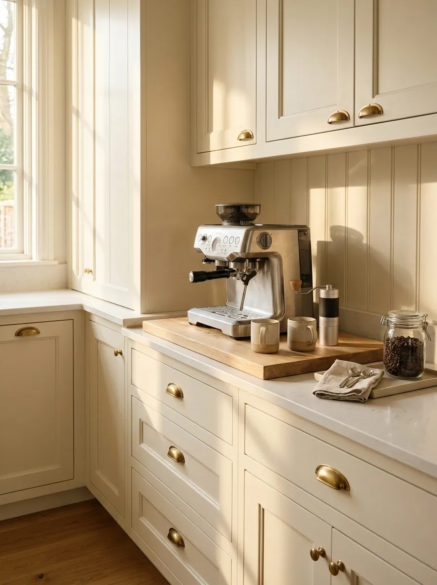 Warm Oak Coffee Station With an Ivory Backdrop