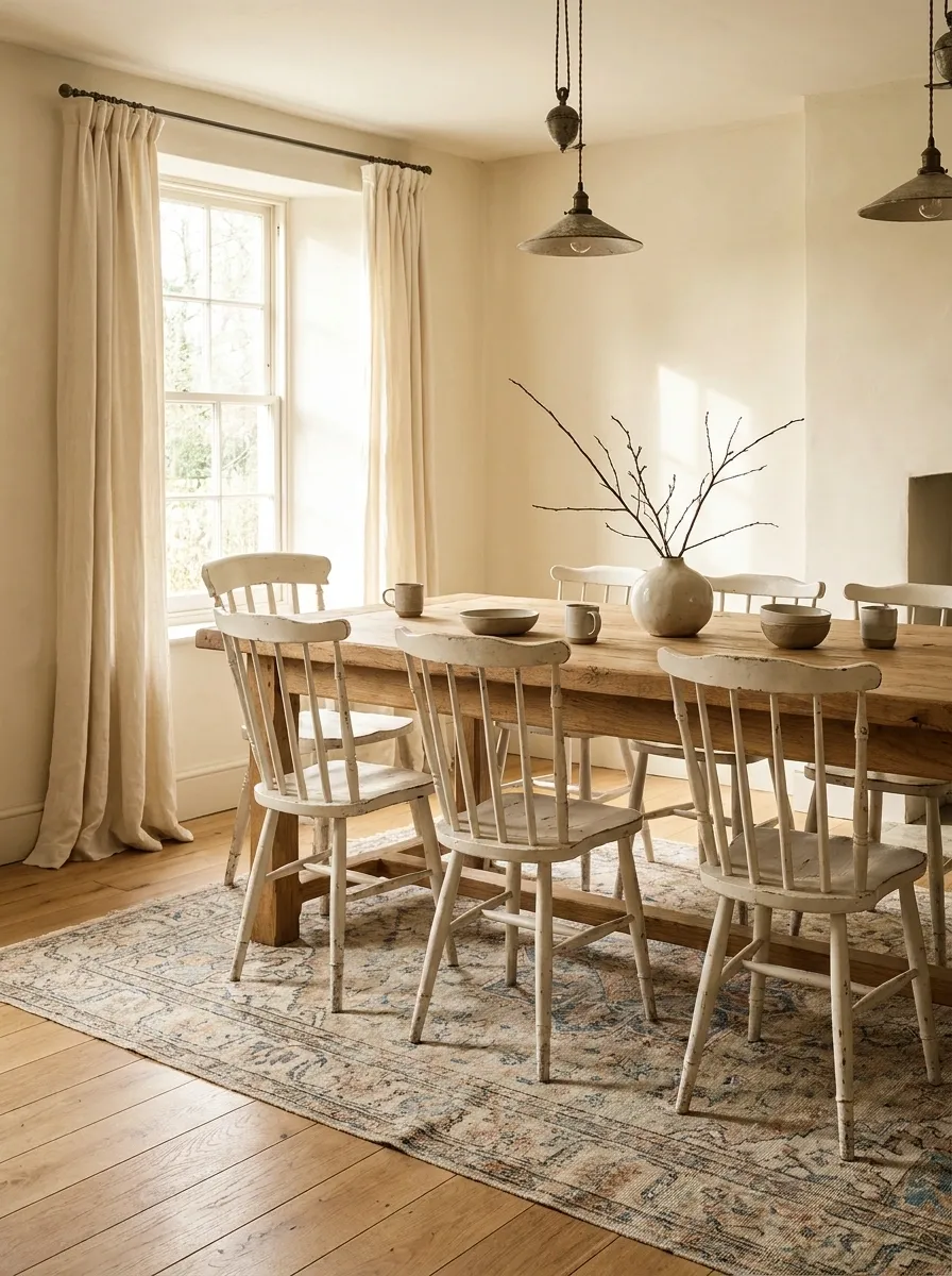Warm Oak Cottage Dining Room With Linen and Spindle Chairs
