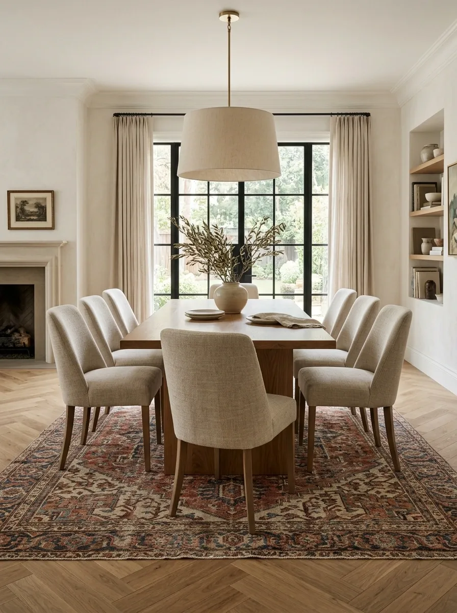 Warm Oak Dining Room With a Vintage Persian Rug