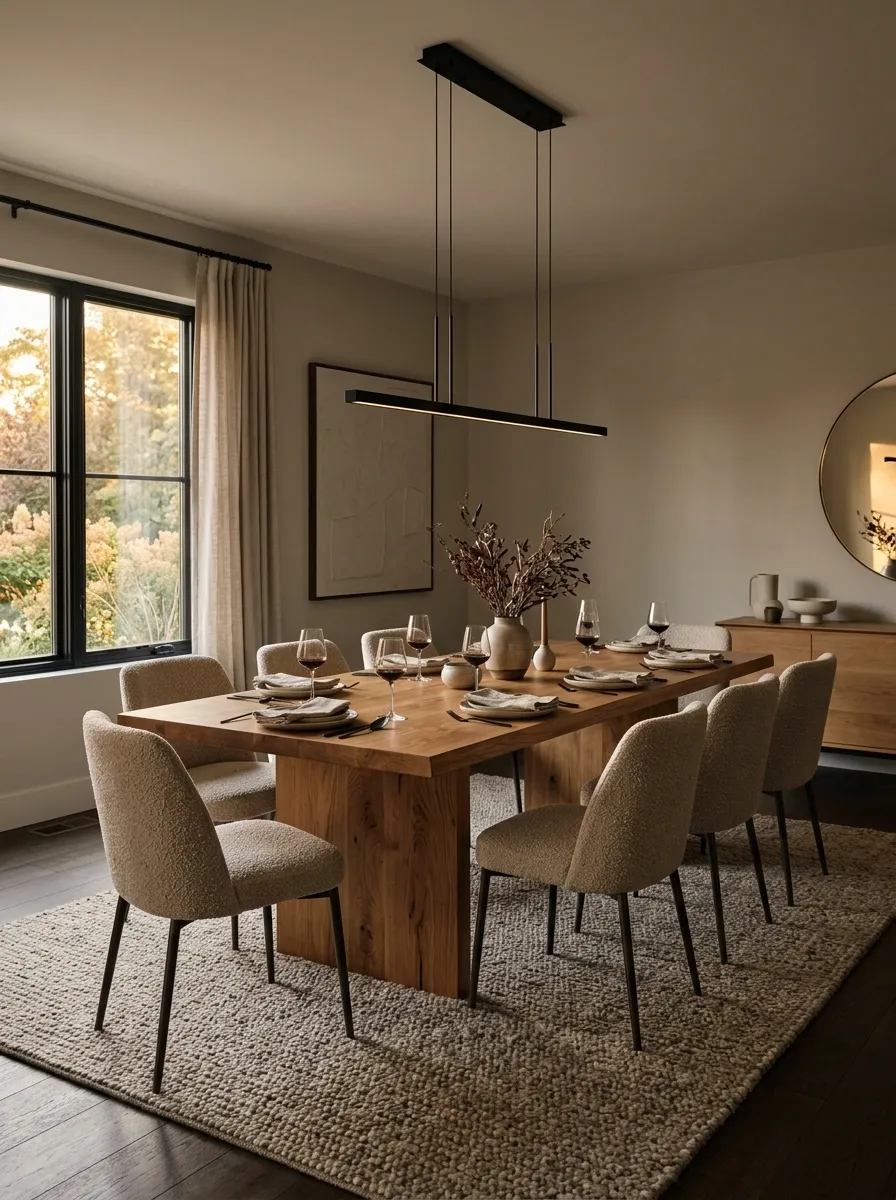 Warm Oak Dining Room With Slim Black Steel Details