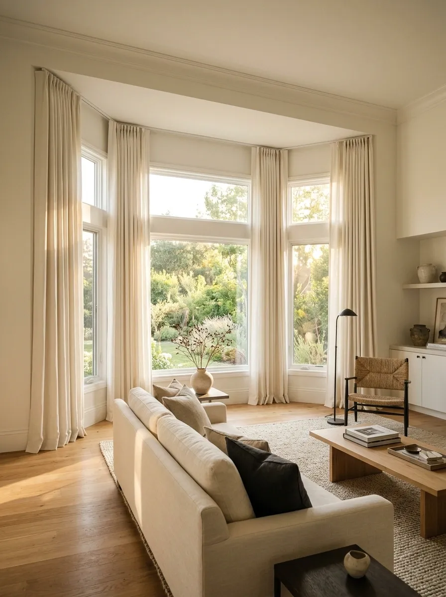Warm Oak Living Room With Tailored Ivory Linen Curtains