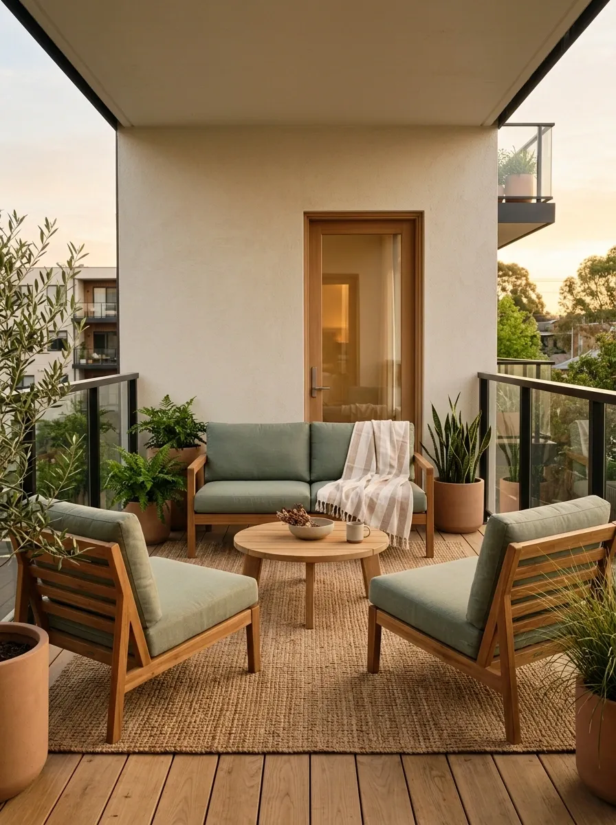 Warm Oak Lounge Patio With Soft Green Upholstery