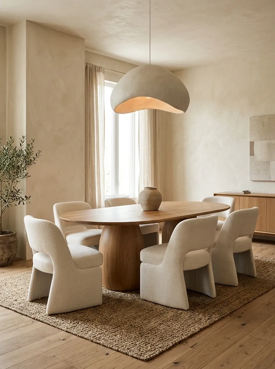 Warm Oak Oval Table With Sculptural Pendant and Linen Chairs