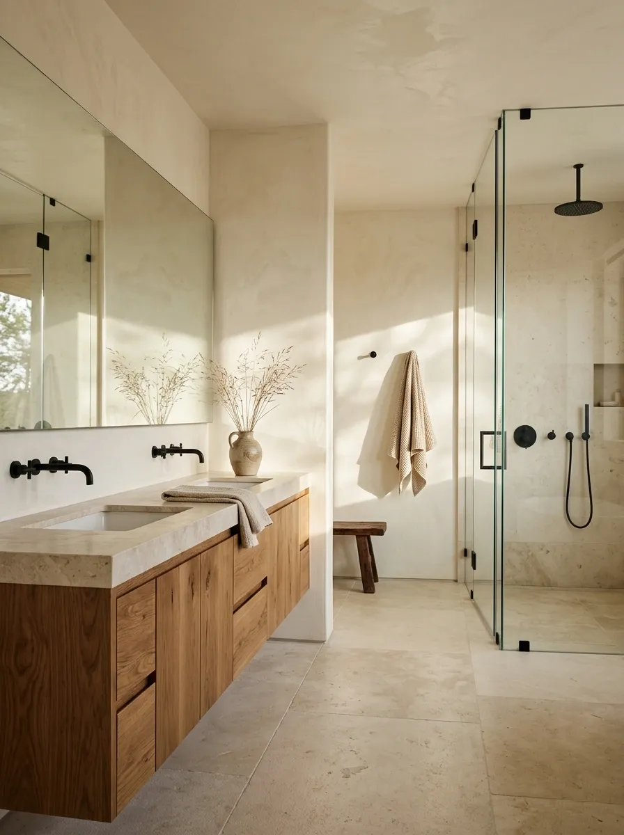 Warm Oak Ranch Bathroom With Cream Plaster and Black Fixtures