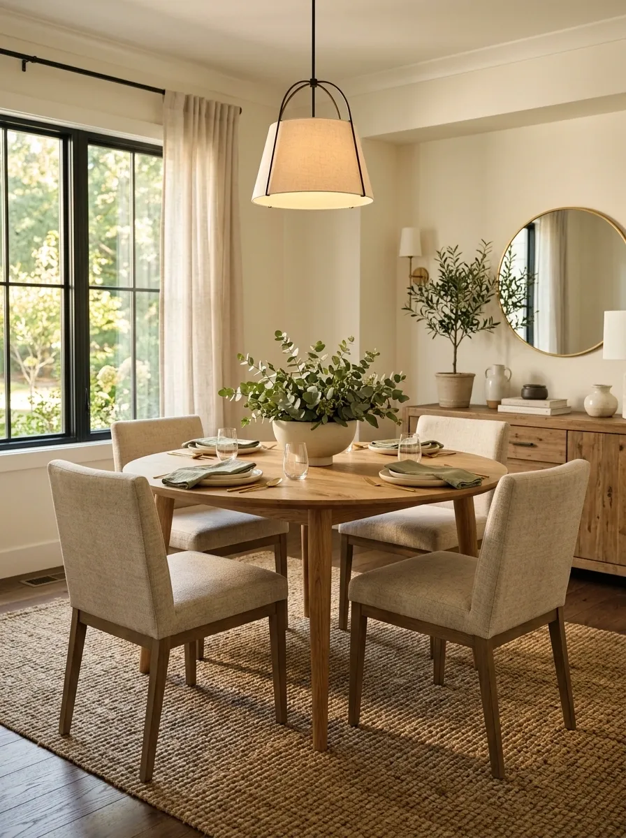 Warm Oak Round Table With Linen Chairs and Soft Branches
