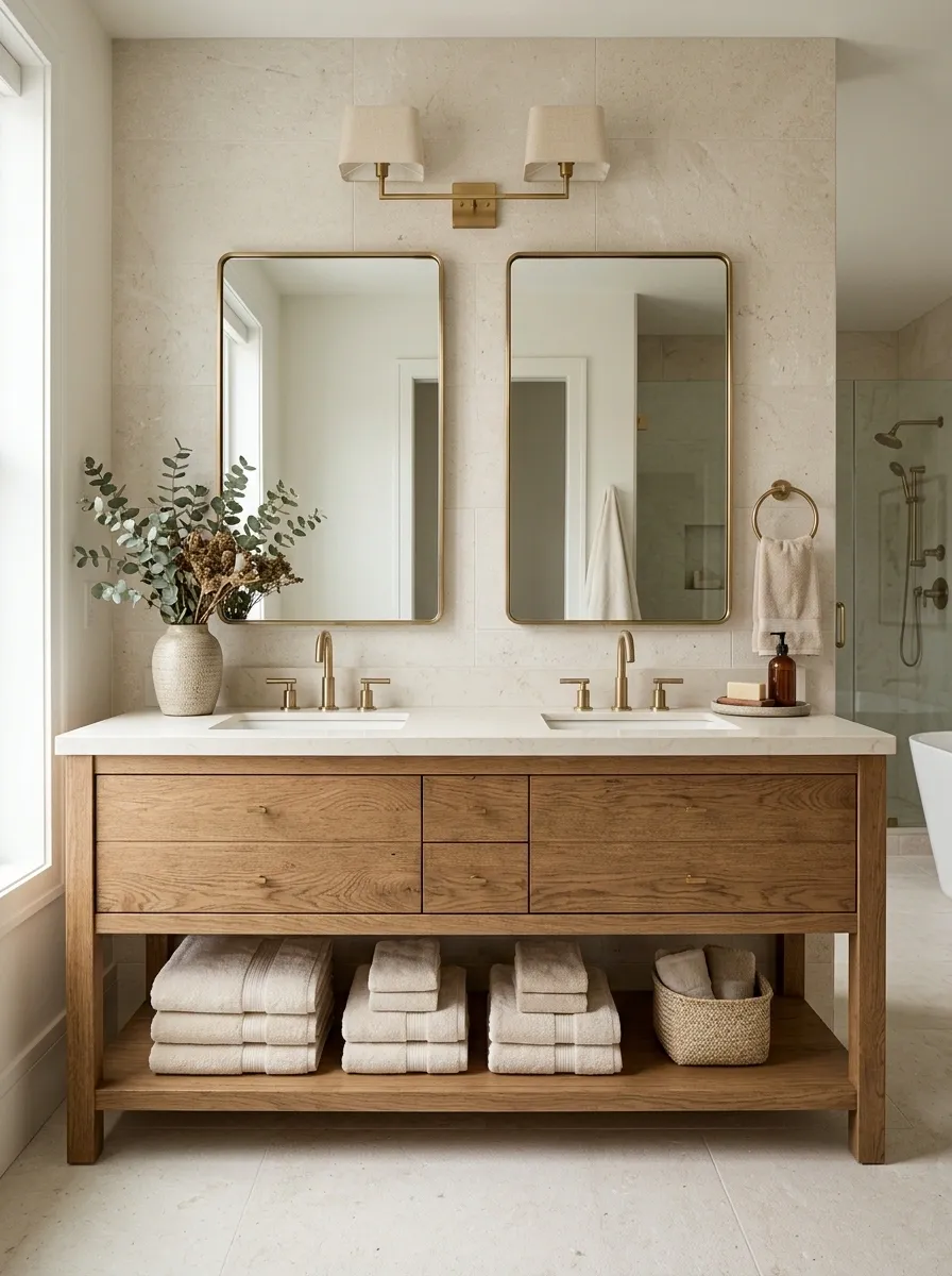 Warm Oak Vanity With an Integrated Open Towel Shelf