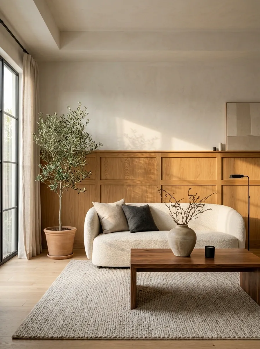 Warm Oak Wainscoting With Soft Plaster Living Room