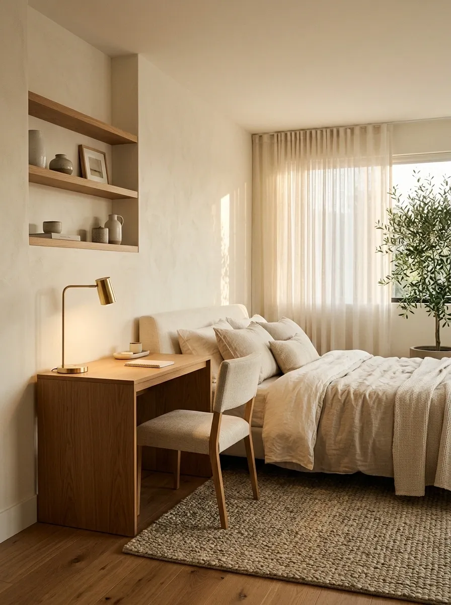 Warm Oak Workspace Beside a Linen Bed