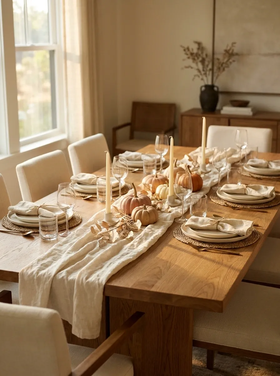 Warm Pumpkin and Cream Tablescape With Natural Wood