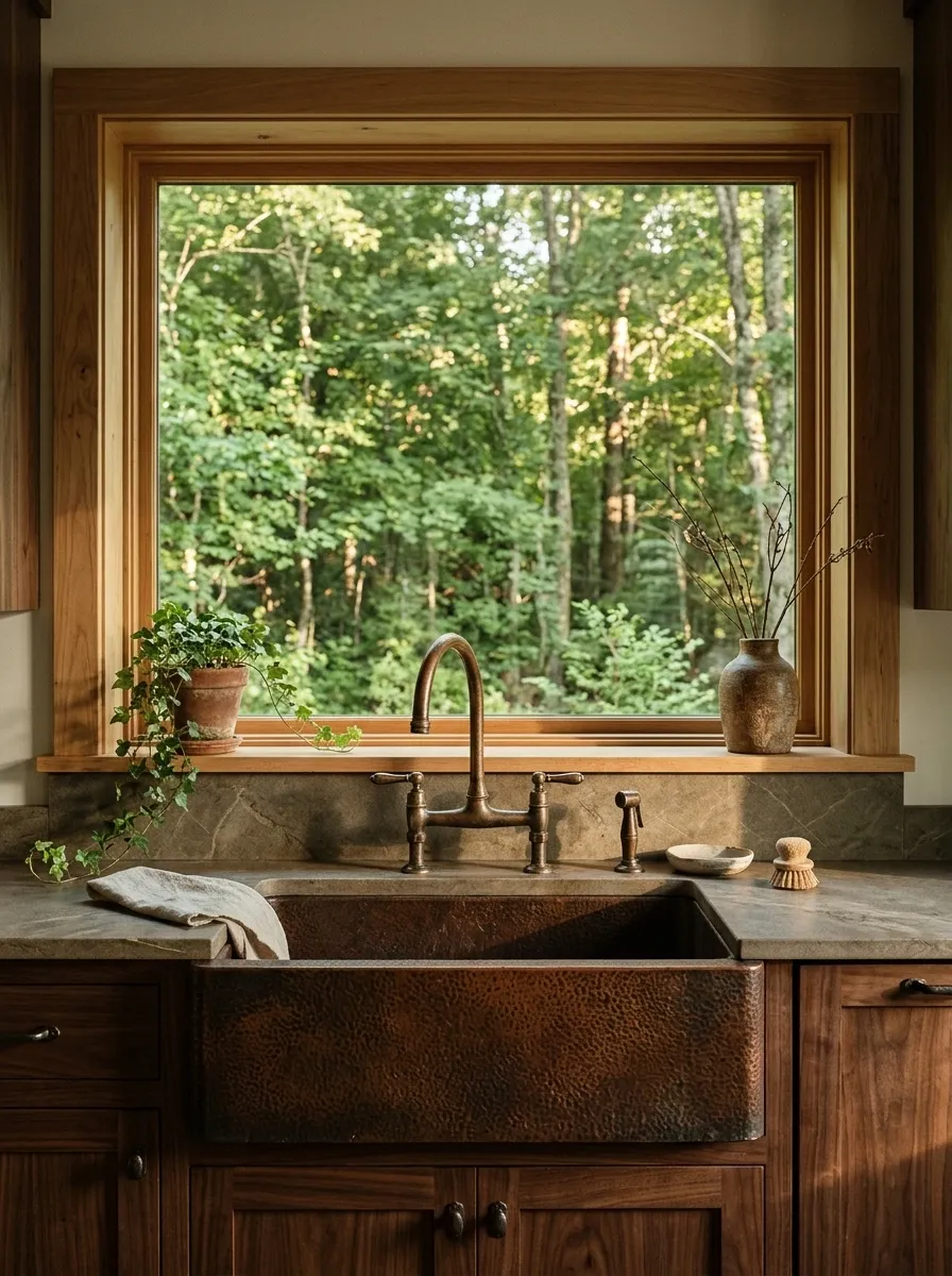 Warm Rustic Kitchen With a Copper Sink and Woodland View