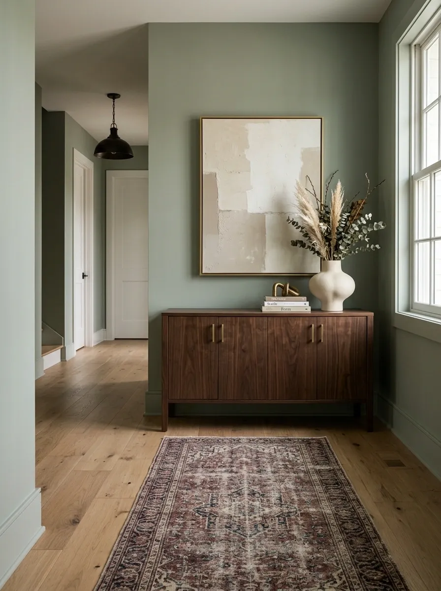 Warm Sage Entry With Burgundy Rug and Walnut Console