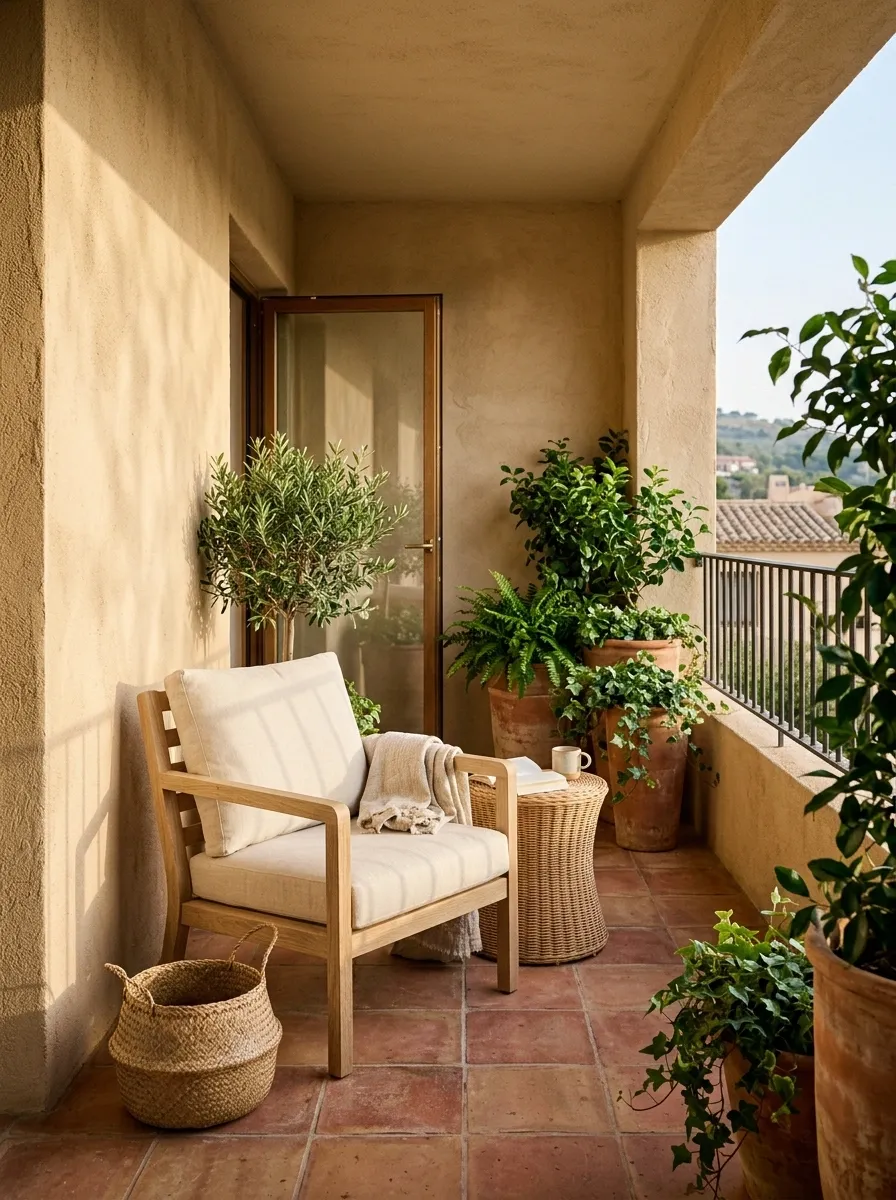 Warm Sand and Terracotta Mediterranean Balcony