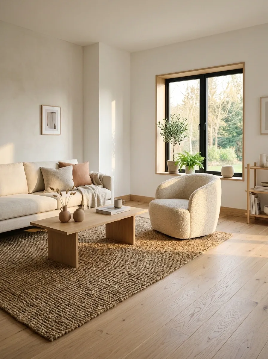 Warm Scandinavian Living Room With Oak, Bouclé, and Clay Tones