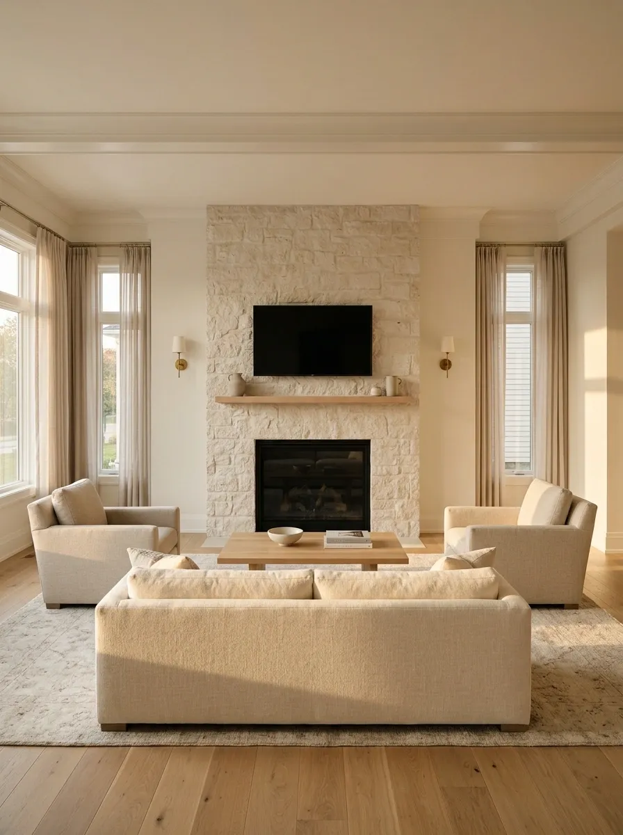 Warm Symmetrical Living Room With a TV Above the Fireplace