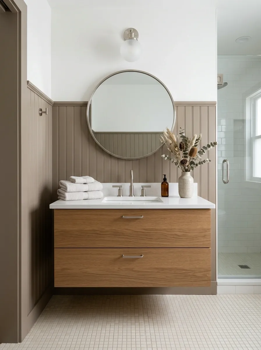Warm Taupe Beadboard Bathroom With Oak Vanity and Micro Mosaic