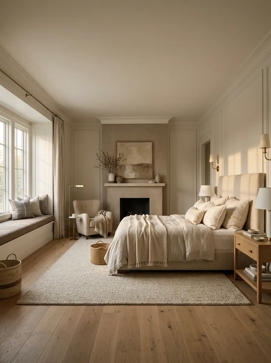 Warm Taupe Bedroom With Fireplace Wall, Reading Chair, and Window Seat