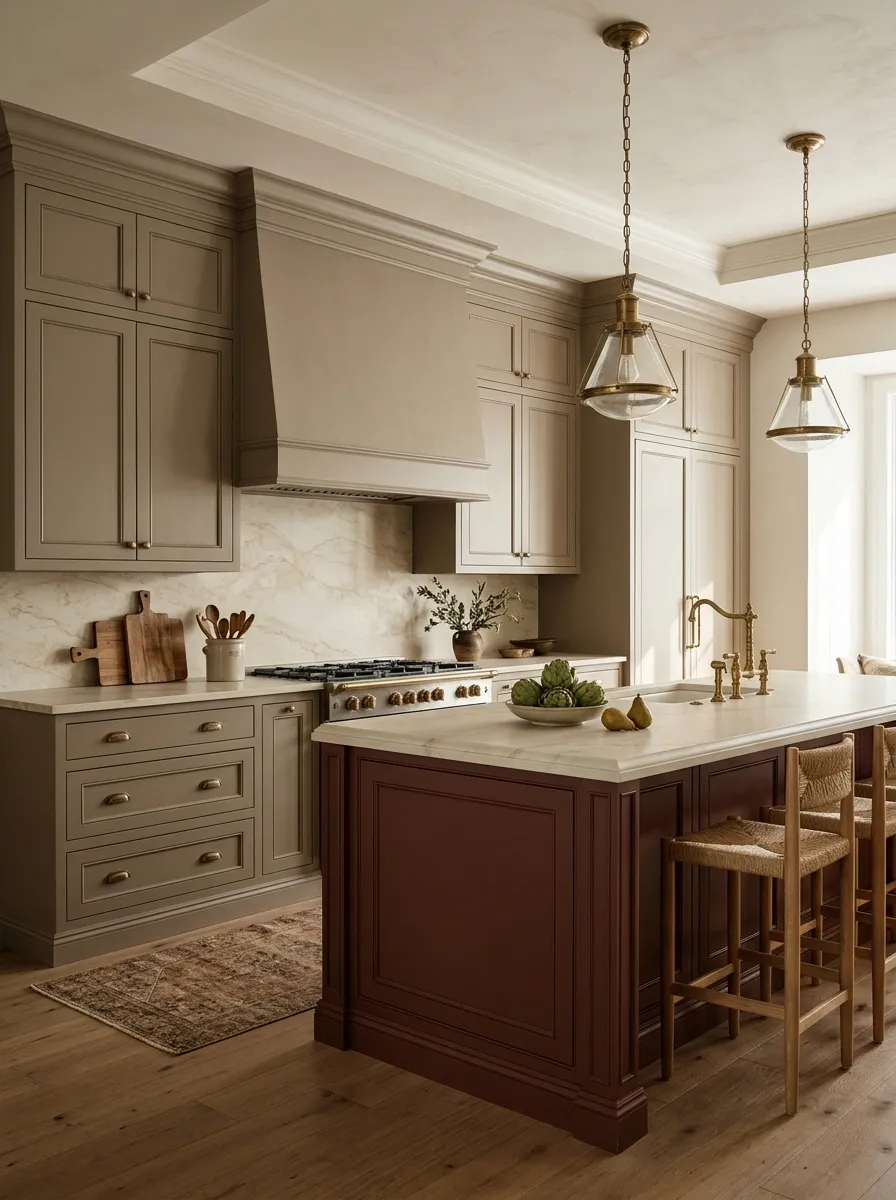 Warm Taupe Cabinets With an Oxblood Island
