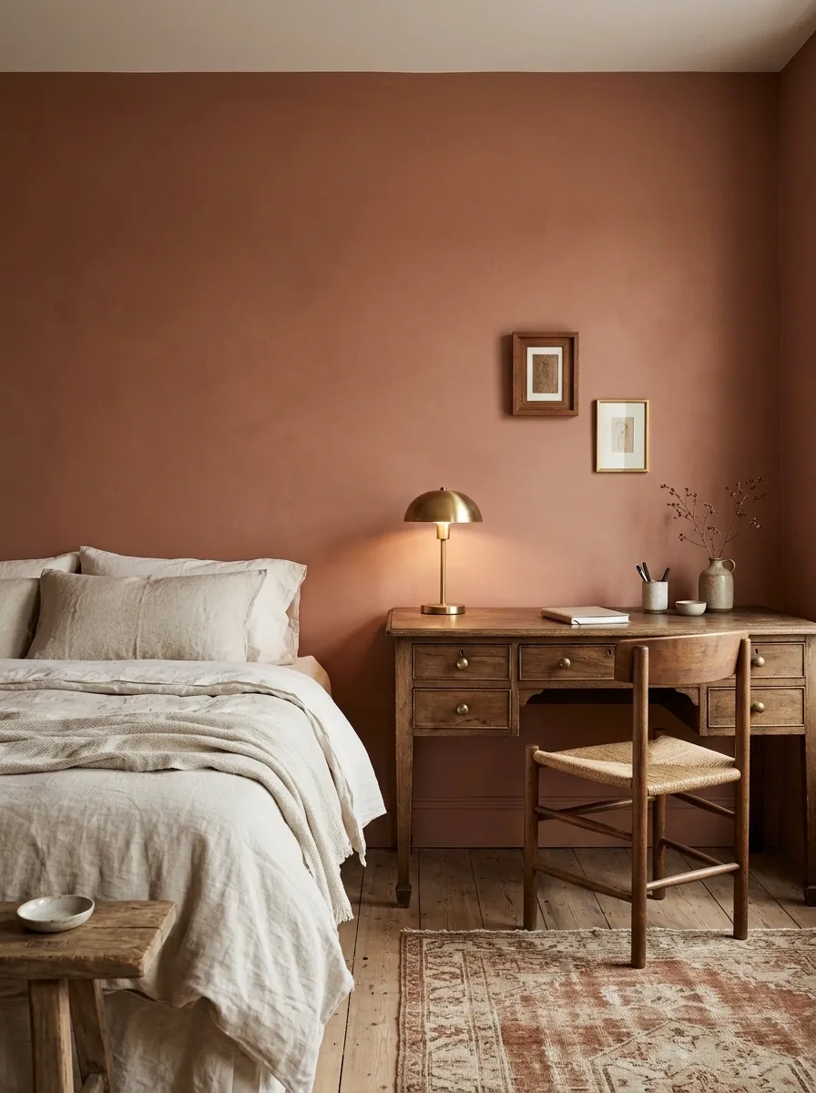 Warm Terracotta Bedroom With a Vintage Work Desk