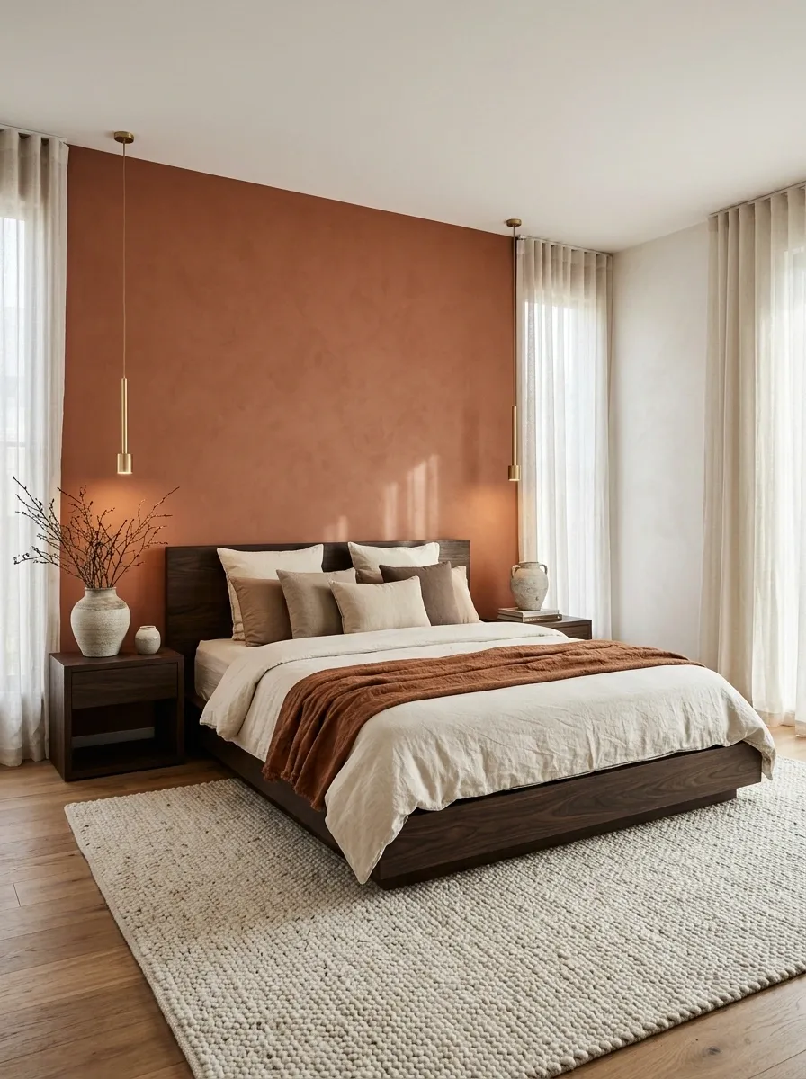 Warm Terracotta Bedroom With Cream Textiles and Dark Wood