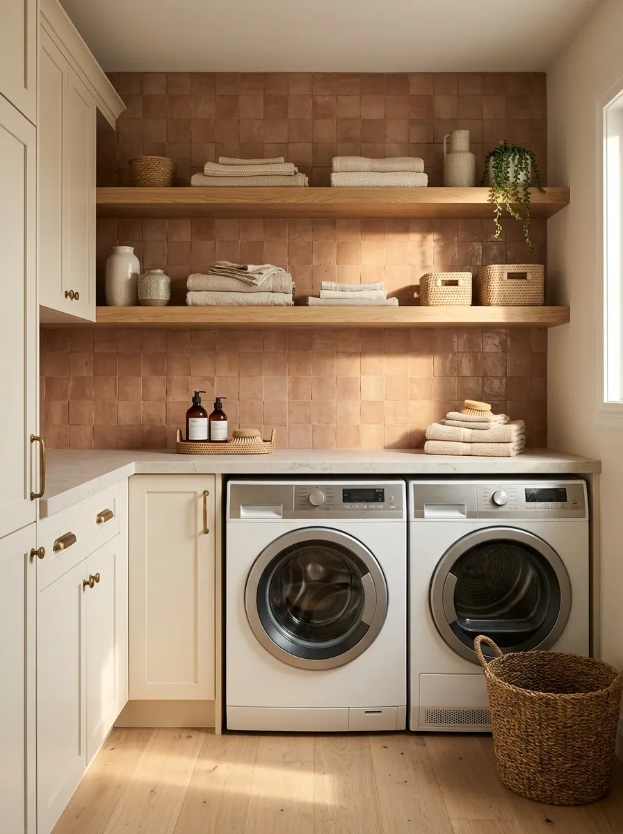 Warm Terracotta Laundry Nook With Cream Cabinetry