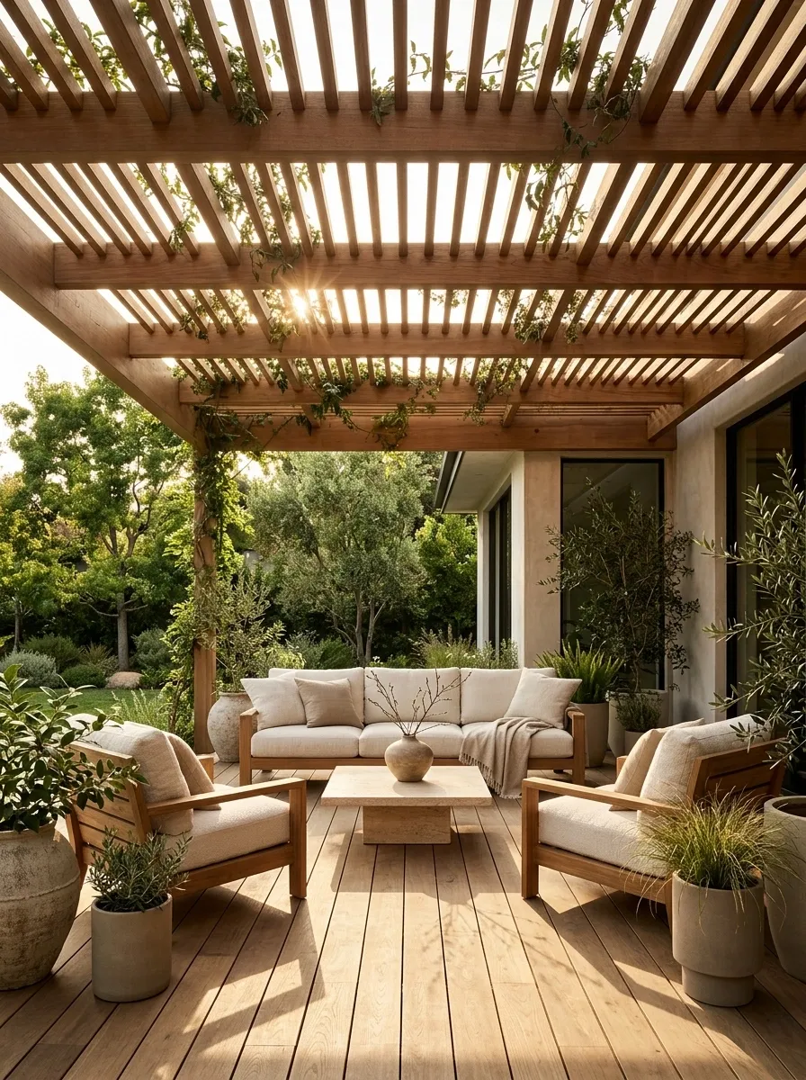 Warm Timber Lounge With a Pergola-Inspired Setting