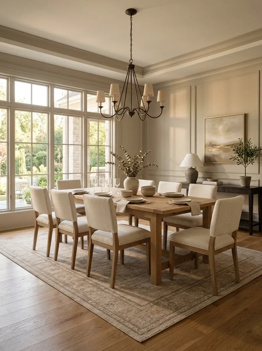 Warm Transitional Dining Room With a Subtle Bordered Rug