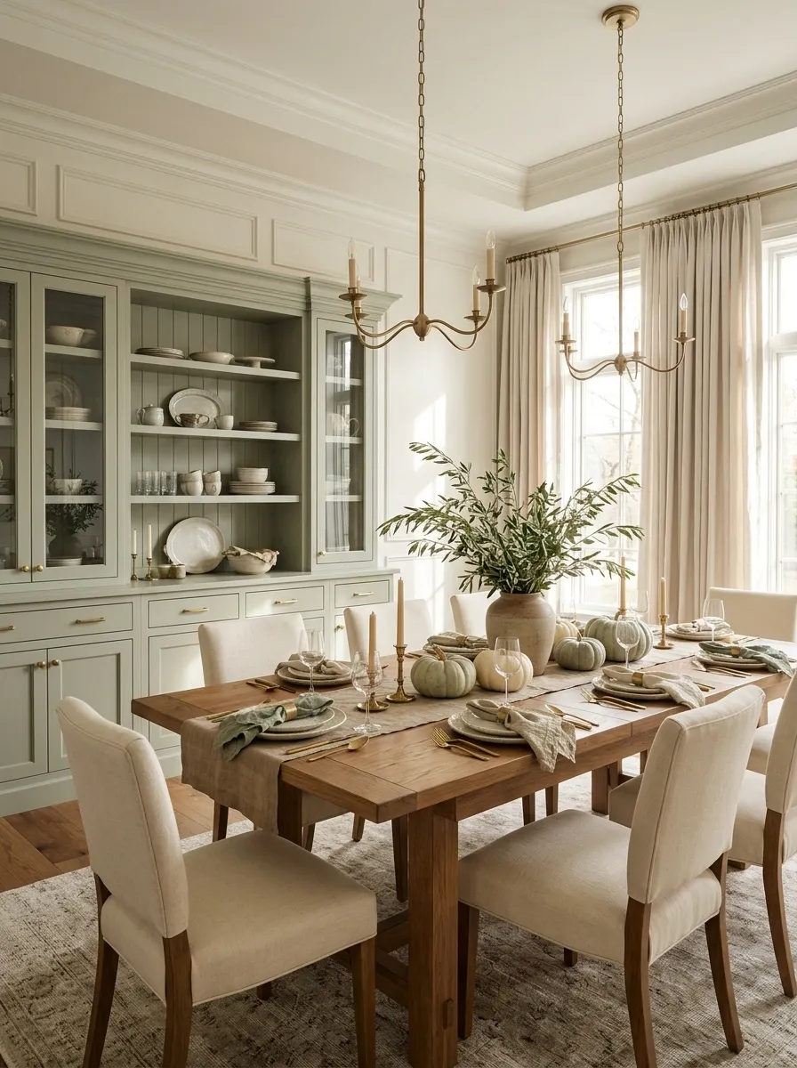Warm Transitional Thanksgiving Dining Room With Soft Green Cabinetry