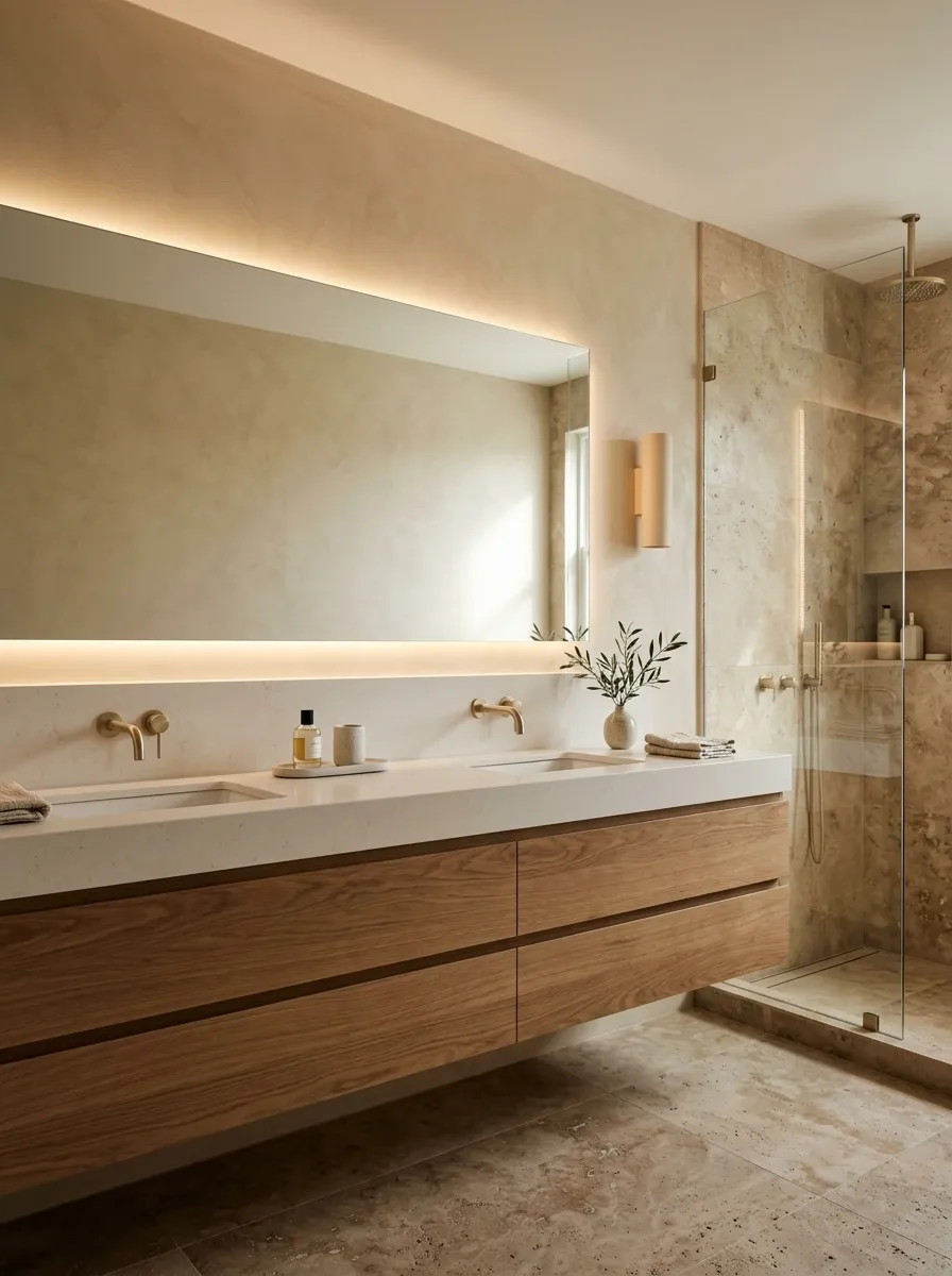 Warm Travertine Bathroom With Champagne Gold Fixtures