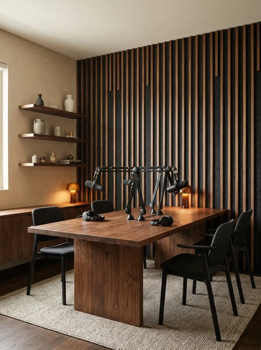 Warm Walnut Podcast Studio With Architectural Wood Slats