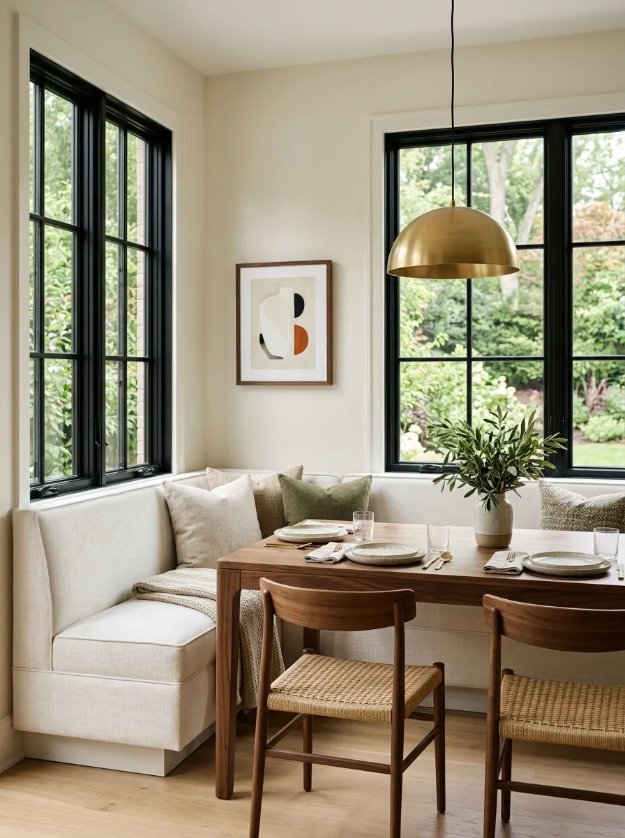 Warm White Banquette With Walnut Table and Black Windows