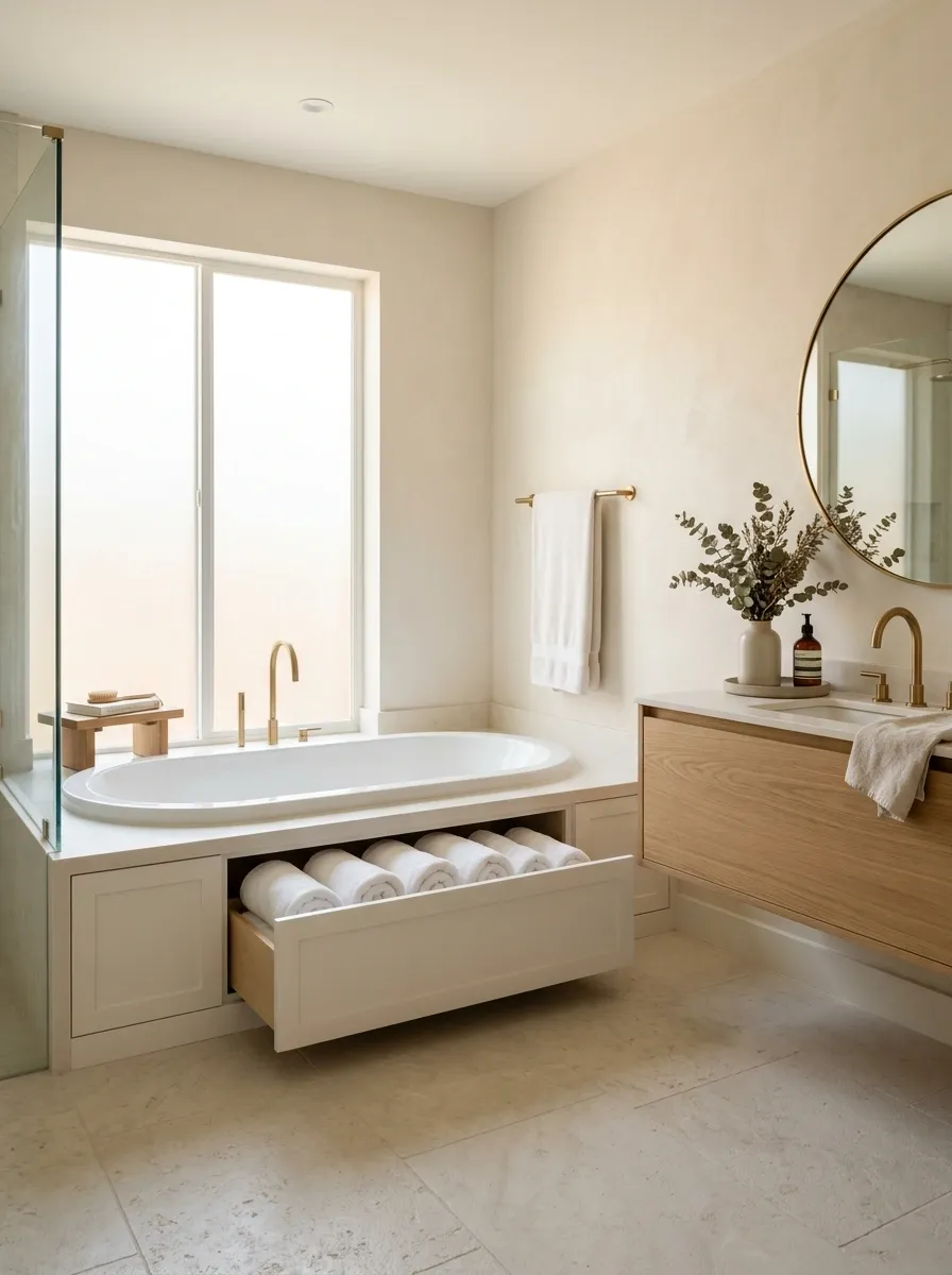 Warm White Bathroom With a Built-In Linen Drawer Under the Tub
