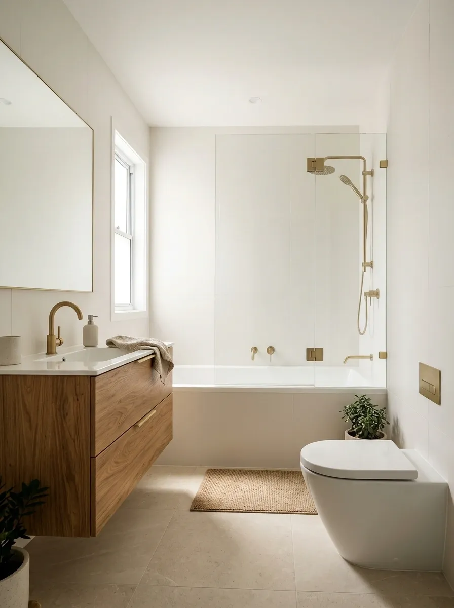 Warm White Bathtub With a Frameless Glass Screen