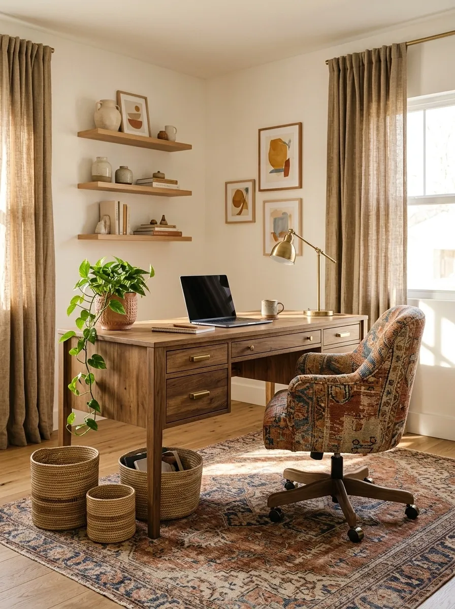 Warm White Boho Office With Rich Pattern