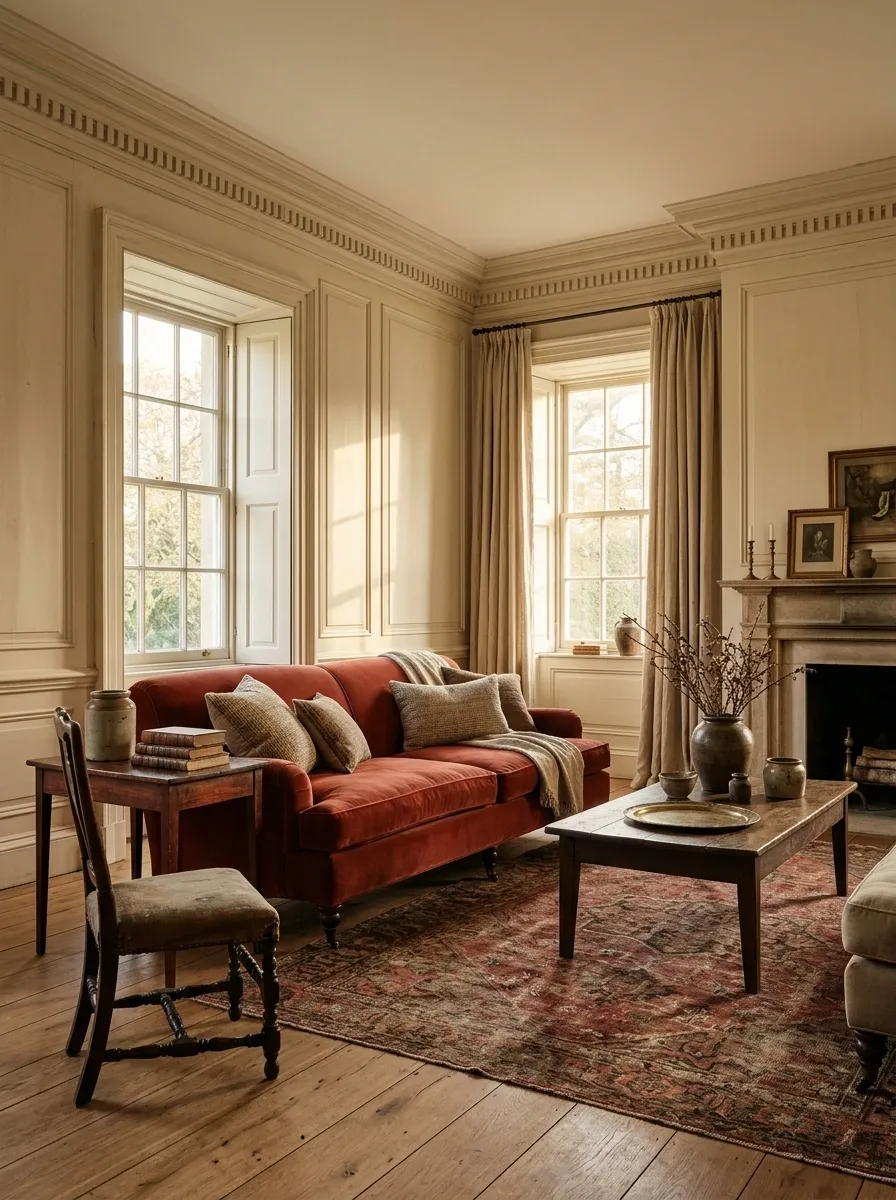 Warm White + Brick Red in a Historic-Feeling Room