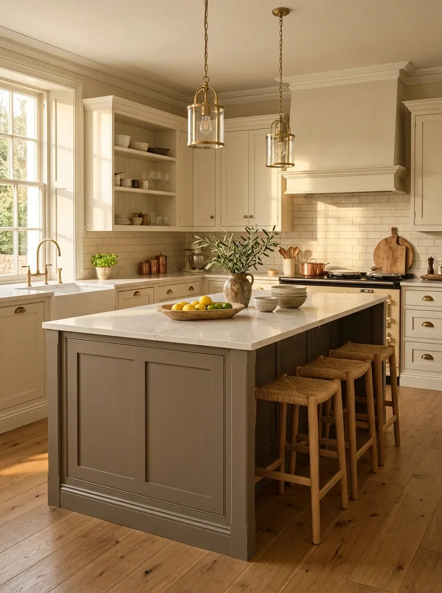 Warm White Cabinets With a Mushroom Gray Island