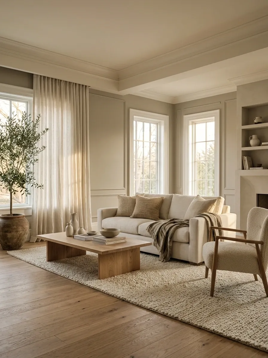 Warm White Ceiling With Greige Walls and Natural Oak