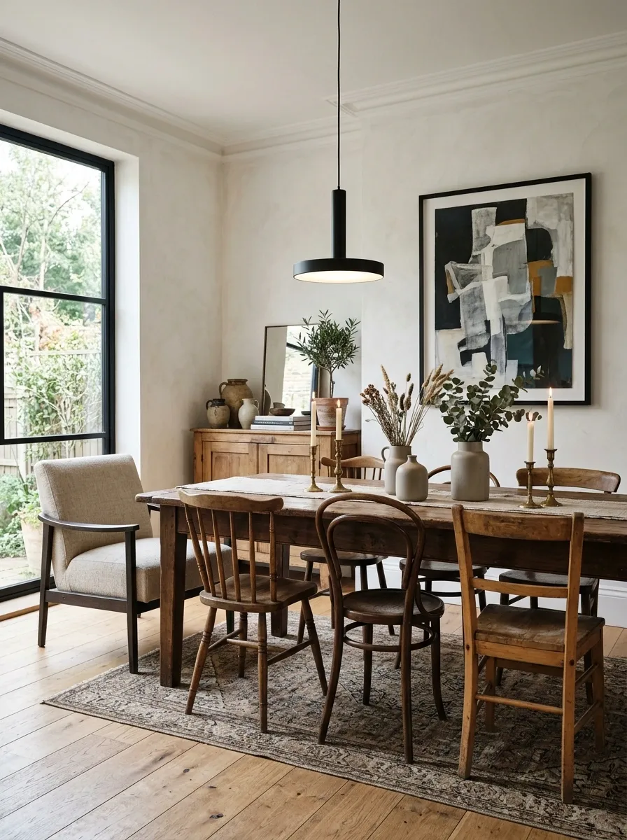 Warm White Dining Room With Black Accents and Vintage Objects