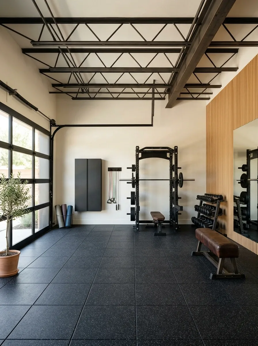 Warm White Garage Gym With Black Equipment