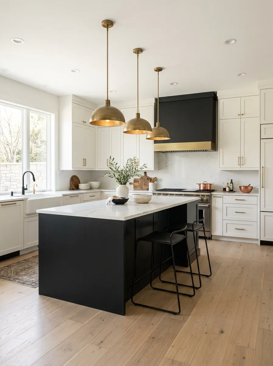 Warm White Kitchen With a Dramatic Black Island