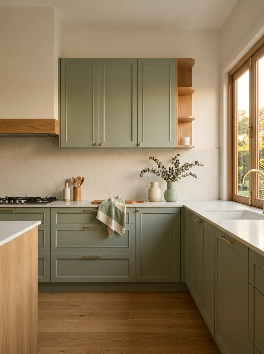 Warm White Kitchen With Soft Green Cabinetry and Wood Accents