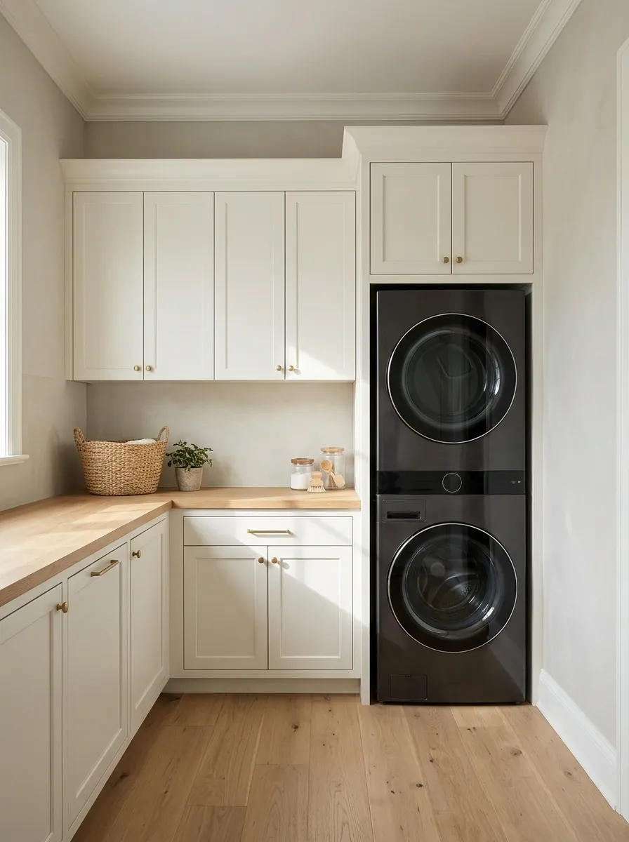 Warm White Laundry Tower With Natural Oak Cabinetry