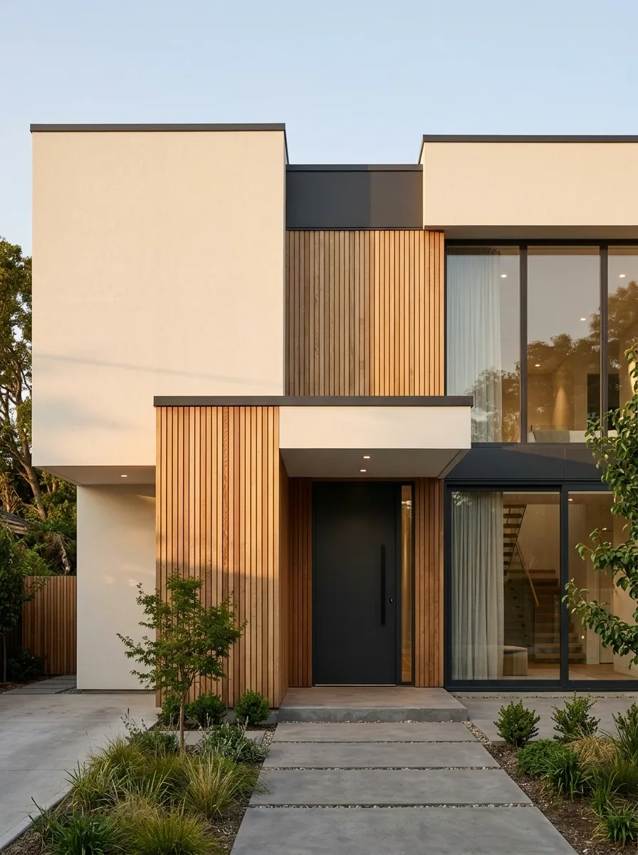Warm White Modern Facade With Natural Timber Accents