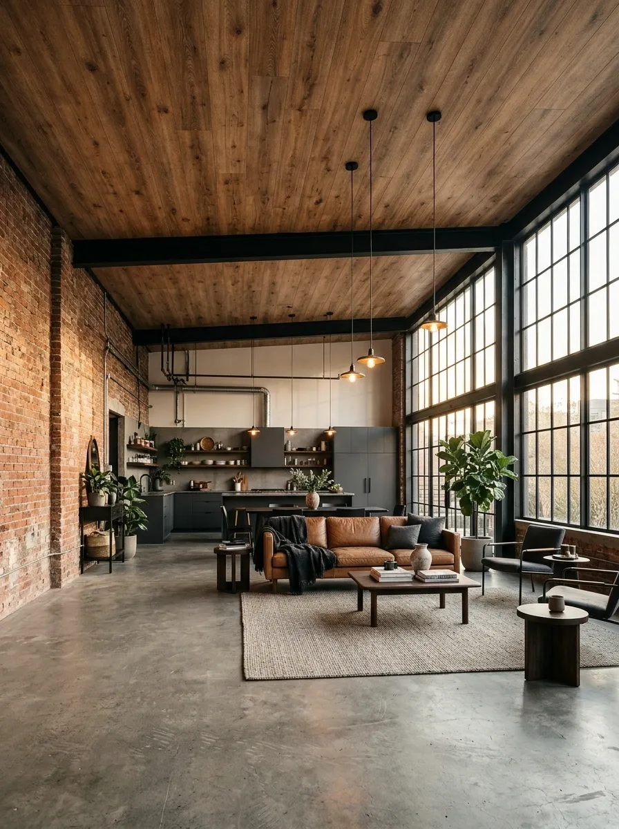 Warm Wood-Effect Ceiling Wallpaper in an Industrial Loft